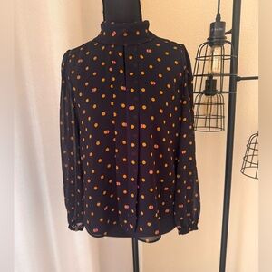 Ann Taylor Navy Tan Polka Dot Blouse XS Petite | Classic Print Work Top
